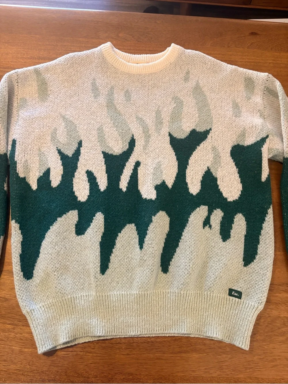 Cream Crewneck Sweater with Dark Green Flame Motif